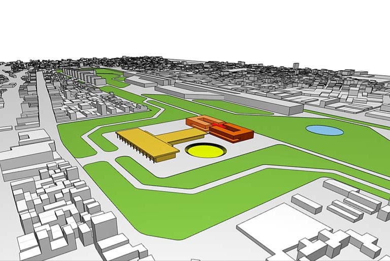 Propuesta preliminar del arquitecto Fredy Vizcarra que ocuparía el actual aeropuerto Velasco Astete: un gran eje verde pensado como nuevo espacio público para Cusco.