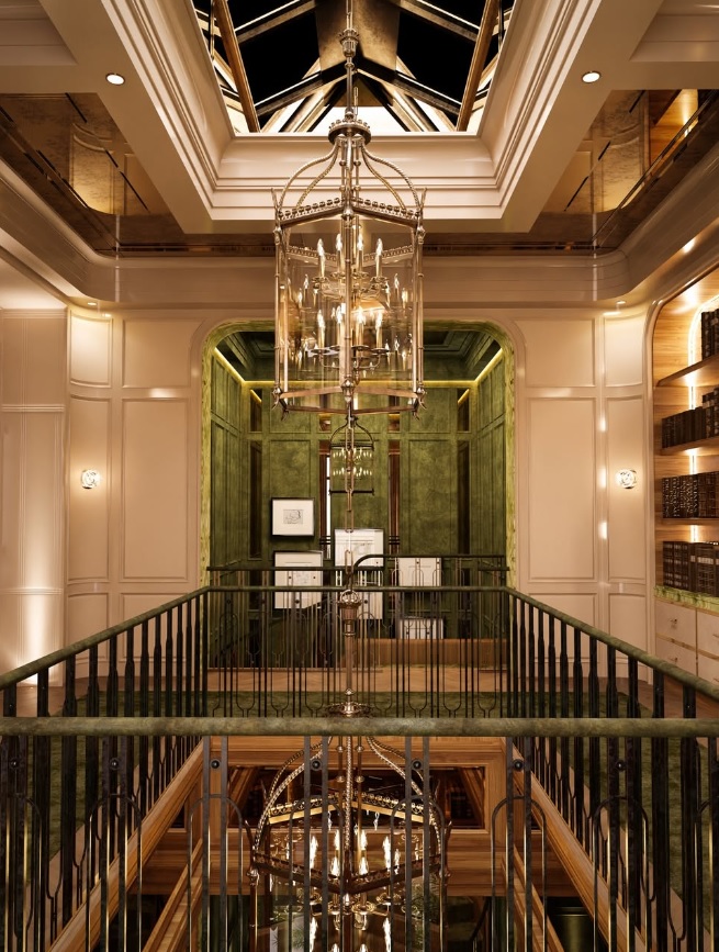 Una biblioteca de inspiración clásica se despliega en varios niveles, uno de los espacios concebidos para el descanso y la privacidad dentro de la propiedad.