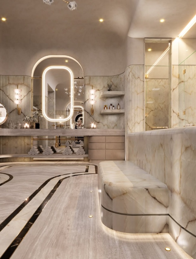 El baño principal funciona como un spa privado, con superficies de mármol, iluminación integrada y un diseño pensado para el bienestar.