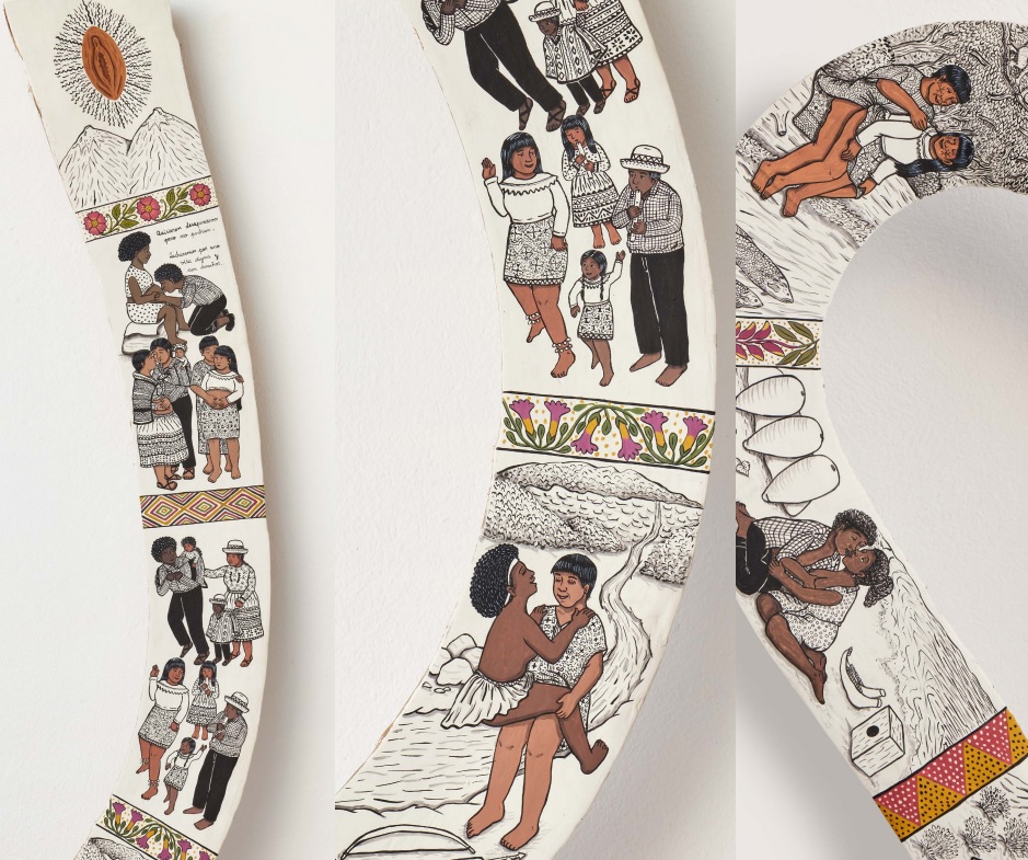 Erotismo indígena, todas las sangres. Acrílico y tierras de color sobre madera de maguey, obra de Venuca Evanán presentada por Enhorabuena Espacio en ARCO Madrid.